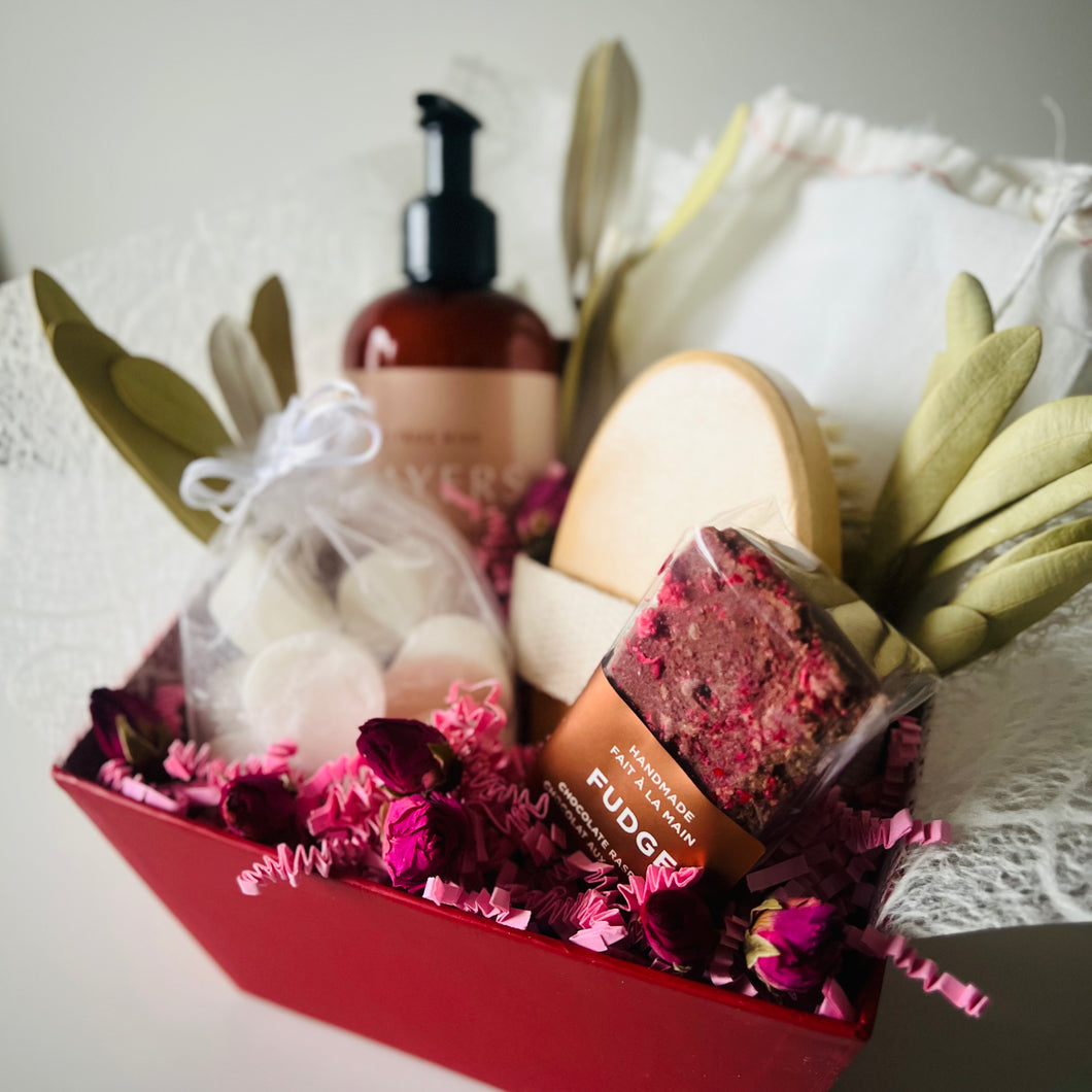 Image of Valentine's Day flowers, chocolate, and spa essentials gift box in Fort McMurray. 